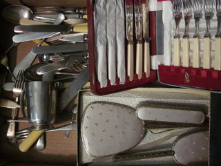 A set of 6 silver plated fish knives and forks, a collection of  flatware, a 3 piece gilt metal dressing table set etc