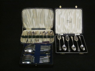 A set of 6 silver plated grapefruit spoons, a set of 5 silver plated  tea spoons and tongs and a set of 6 silver plated Old English  pattern teaspoons, etc