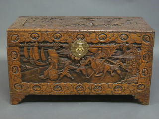 A carved camphor coffer with hinged lid 41"