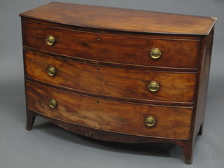 A Georgian mahogany bow front chest of 3 long drawers with  brass drop handles, raised on bracket feet 49"