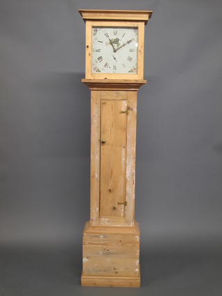 An 18th Century 30 hour longcase clock, the 12" square painted  dial with minute indicator, contained in a pine case 73"