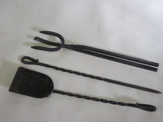 3 iron fireside implements comprising pair of tongs, poker and shovel