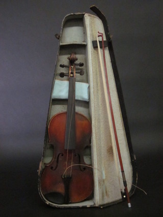 An unlabelled violin with 14 1/2" back, contained in a fibre case  complete with bow