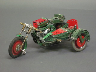A green and red Meccano model of a motorcycle and sidecar 14" ILLUSTRATED
