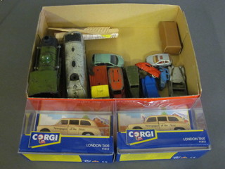 2 clockwork locomotives, 2 Corgi toy cars boxed and a collection  of other toy cars
