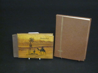 An album of various coloured prints of The Holy Land together  with dried flowers contained in an olive wood album together  with a stock book of various stamps