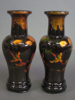 A pair of Oriental lacquered club shaped vases 15"