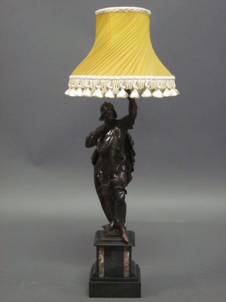 A Victorian spelter figure of a standing warrior raised on a black  marble base, converted for use as a table lamp 22"