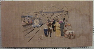 A tapestry panel depicting a Victorian railway station scene 15" x  30"