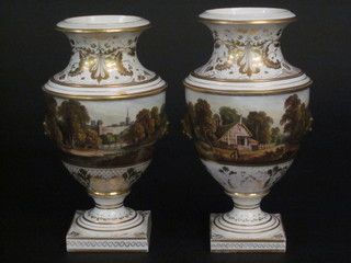 A pair of Bloor Derby club shaped vases with painted landscape decoration with gilt banding, the base marked Peel Collection,  Klaber & Klaber, 9"  ILLUSTRATED