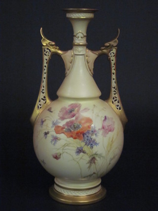 A Victorian Royal Worcester blush ivory vase with floral decoration, the base with purple Worcester mark, 2 dots  RD23321 1070, 14", handles restored, lid f,
