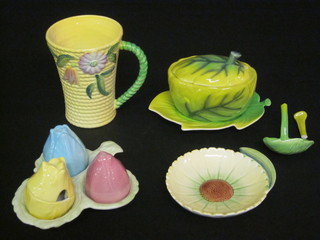 A Carltonware Australian design yellow patterned mug, an oval  do. leaf pattern sauce tureen and ladle, ladle f, a Carltonware  Australian pattern circular dish in the form of a buttercup 4" and  a Carltonware 3 piece condiment set