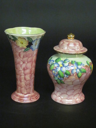 A Malingware pink lustre trumpet shaped vase, base marked  6613 8" together with an urn and cover 7"