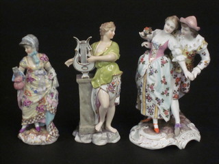 A German porcelain figure of a standing lady 4", 1 other depicting music and 1 other lady and gentleman 5"