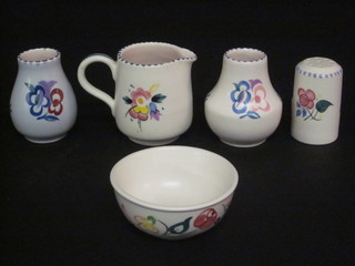 A Poole Pottery circular jug with floral decoration, the base with  dolphin mark 3", 2 do. vases 3", pepper and a small bowl 3"