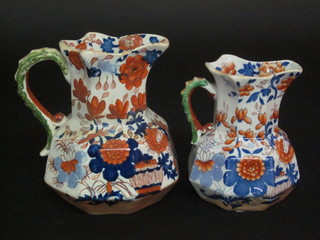 2 Masons Ironstone octagonal Imari patterned jugs with blue marks to the base, 8" and 6"