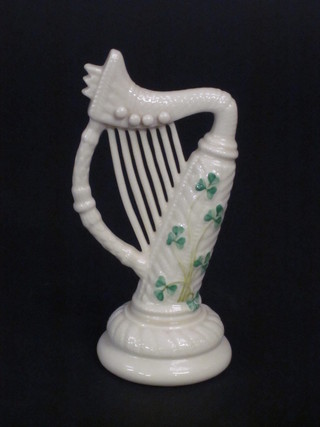 A Belleek model of a harp, the base with green mark 6 1/2"