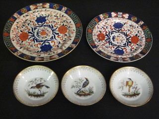 3 19th Century porcelain dishes decorated flowers and within gilt borders, 5" together with 2 18th Century Derby Imari pattern  plates, 1 f,