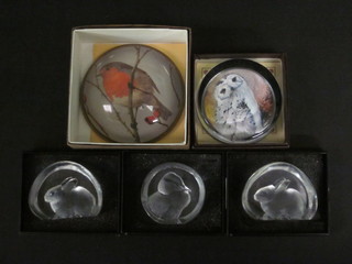 3 Swedish lead crystal intaglio cut sculptures of animals 2" and 2 paperweights