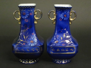 A pair of 19th Century square blue club shaped twin handled  vases 10"