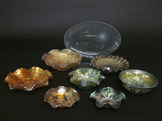3 green glass Carnival glass dishes and other Carnival glassware