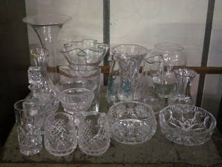 A cut glass flower vase, a cut glass bowl, a pair of cut glass  tankards, a cut glass spirit decanter and stopper and a collection  of glassware