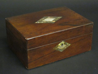 A Victorian rosewood trinket box with hinged lid and diamond  shaped inlaid mother of pearl panel to the lid 12"