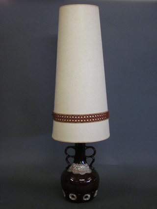 A 1960's brown glazed pottery twin handled table lamp 18"