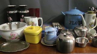 A circular blue enamel flour bin, an Old Hall teaset, an  enamelled jug, a pottery chamber pot and other decorative items