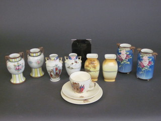 4 pairs of various Noritake twin handled porcelain vases, approx. 5", an easel frame and a cup and saucer to commemorate the  Queens Coronation