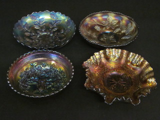 2 Carnival glass bowls 9" and 2 orange Carnival glass bowls