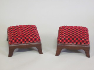 A pair of square Victorian style stools, raised on bracket feet 11"  