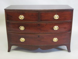 A Georgian mahogany bow front chest of 2 short and 3 long  drawers, raised on splayed bracket feet 41"