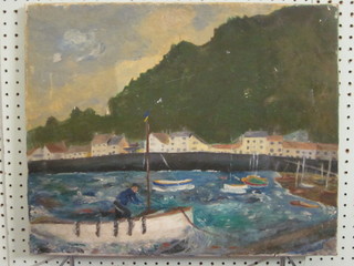 Oil on canvas "Harbour with Fishing Boat" 16" x 20"