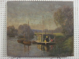 Oil on canvas "House Boat with Seated Figures" 20" x 24", hole to canvas