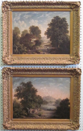 Attributed to  Woodley Brown, a pair of 18th Century oil  paintings on canvas "Rural Scenes with River and Lane", re-lined, contained in decorative gilt frames 12" x 15"   ILLUSTRATED