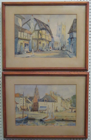2 watercolour drawings "Village Scene with Street and Church  and Continental Scene with Church Tower and Yachts" 10" x 14  1/2"