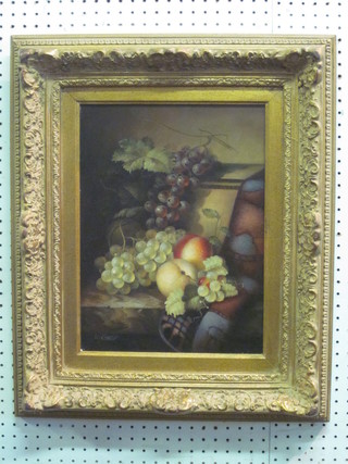 L Candy, oil on board, still life study "Apples and Grapes" 15" x  11", contained in a decorative gilt frame