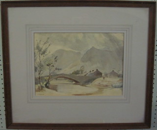 U MacDonald, watercolour "Study of Mountain River with  Bridge and Buildings" 9" x 13"