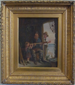 A Victorian oil on canvas "Seated Fisherman with Two Children  and Telescope" 9 1/2" x 7 1/2", indistinctly signed to bottom left  hand corner