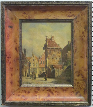Van De Boose, a Continental oil on board "Street Scene with Figures" 9 1/2" x 8", contained in a walnut frame