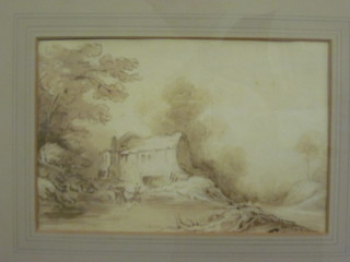 An 18th Century watercolour drawing "Country Scene with Building" the reverse labelled Robertson-James "Drunken" 7" x  10"