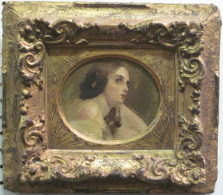 A Victorian oil on board, "Study of a Lady" 4" x 5" contained in  an oval mount and with inscription to back