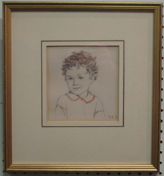 A watercolour head and shoulders portrait "Nicholas"  monogrammed V E T, 5" x 5"
