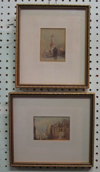 A coloured print "Continental Street Scene" and 1 other "On The  Rhine" 2" x 4"