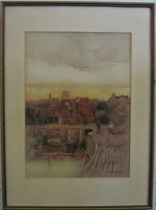 L Burleigh Bruhl, a coloured print "Figure Standing by Canal"  15" x 11"