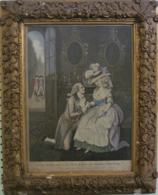 18th Century coloured print "Interview Between Tom Jones and  Sophie Western" 14" x 10", some worm holes, in a decorative  gilt frame