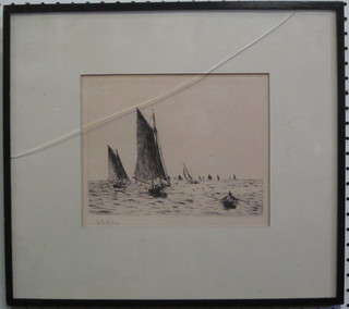 W L Wylie, etching "Yachts" 7" x 8 1/2"