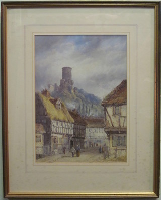 L Lewis, watercolour "Continental Street Scene with Figures and Castle in Distance" 14" x 10"