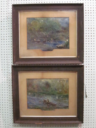 Impressionist oil on canvas "Punting Scene" 9" x 12" and 1 other "Rowing Scull"